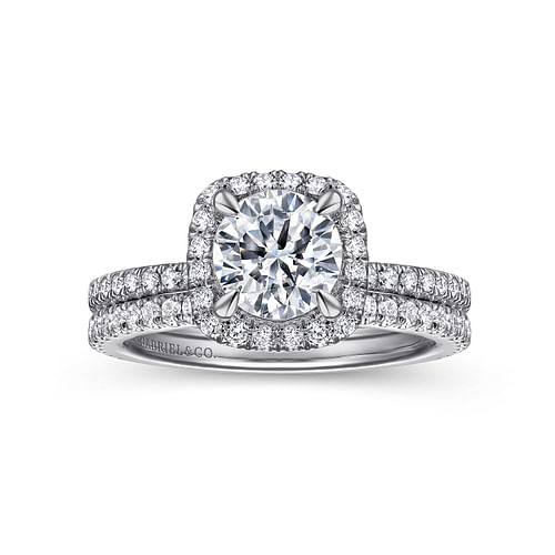 14K White Gold Cushion Halo Round Diamond Engagement Ring