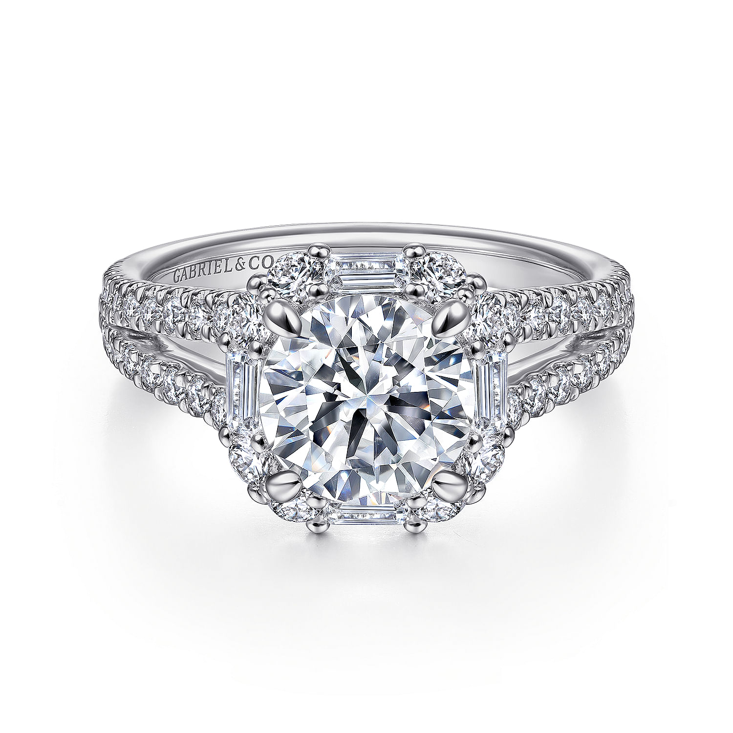Gabriel - 14K White Gold Cushion Halo Round Diamond Engagement Ring