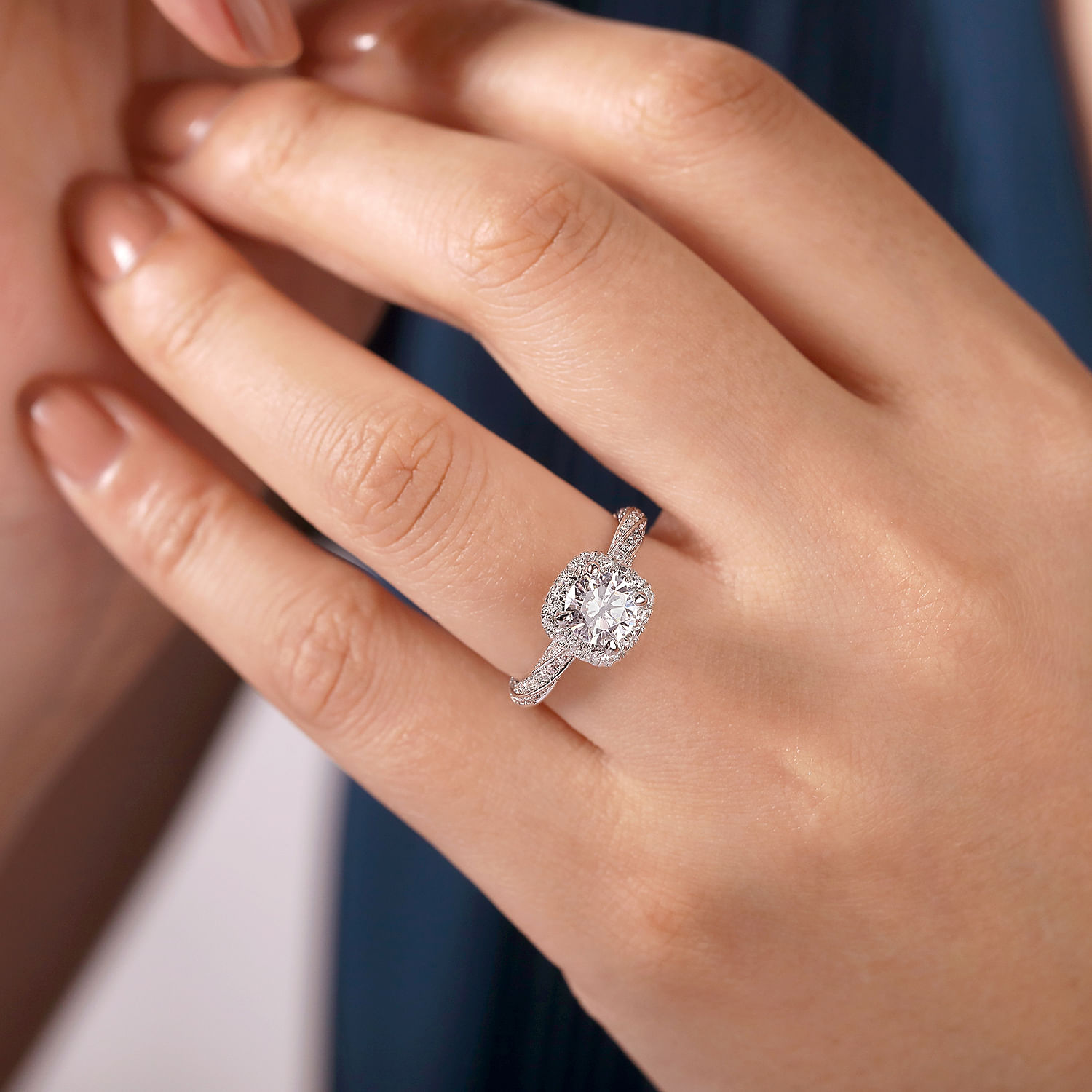 14K White Gold Cushion Halo Round Diamond Engagement Ring