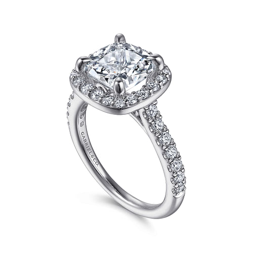 14K White Gold Cushion Halo Round Diamond Engagement Ring