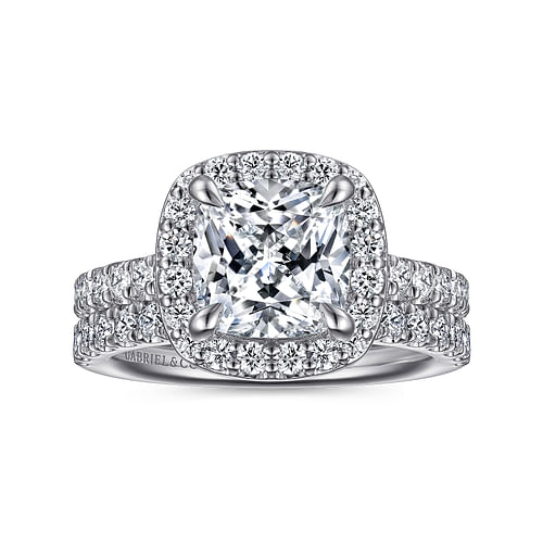 14K White Gold Cushion Halo Round Diamond Engagement Ring