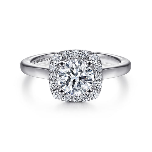 14K White Gold Cushion Halo Round Diamond Engagement Ring