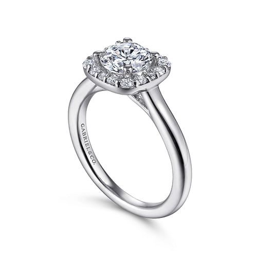 14K White Gold Cushion Halo Round Diamond Engagement Ring