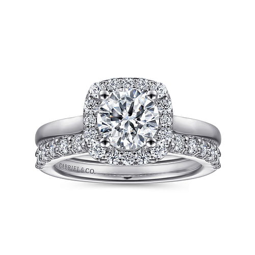 14K White Gold Cushion Halo Round Diamond Engagement Ring