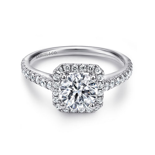 14K White Gold Cushion Halo Round Diamond Engagement Ring