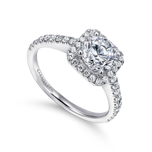 14K White Gold Cushion Halo Round Diamond Engagement Ring