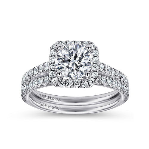 14K White Gold Cushion Halo Round Diamond Engagement Ring