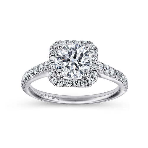 14K White Gold Cushion Halo Round Diamond Engagement Ring