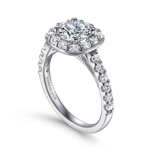 14K White Gold Cushion Halo Round Diamond Engagement Ring