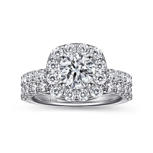 14K White Gold Cushion Halo Round Diamond Engagement Ring