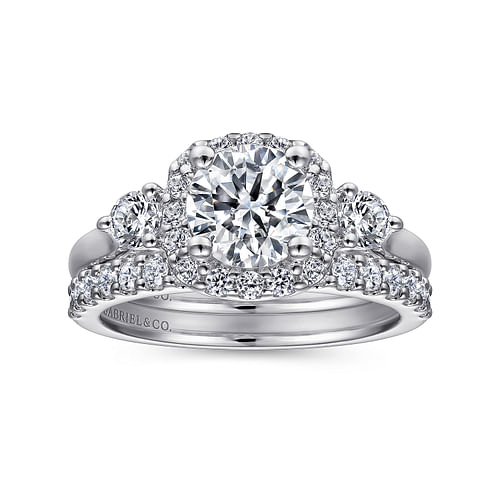 14K White Gold Cushion Halo Round Diamond Engagement Ring