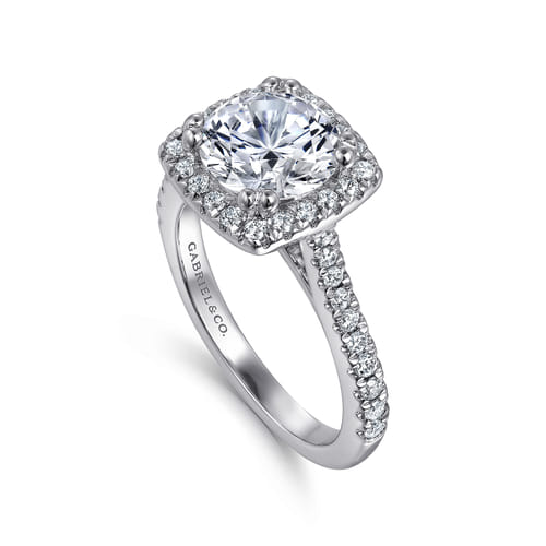 14K White Gold Cushion Halo Round Diamond Engagement Ring