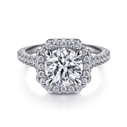 14K White Gold Cushion Halo Round Diamond Engagement Ring