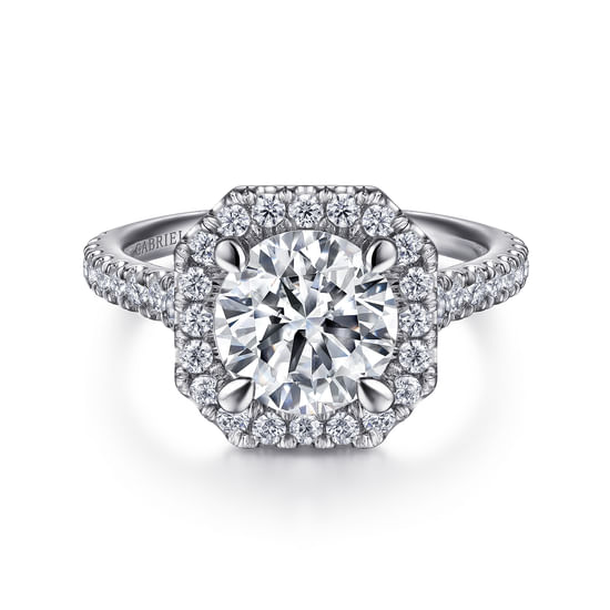 Gabriel - 14K White Gold Cushion Halo Round Diamond Engagement Ring