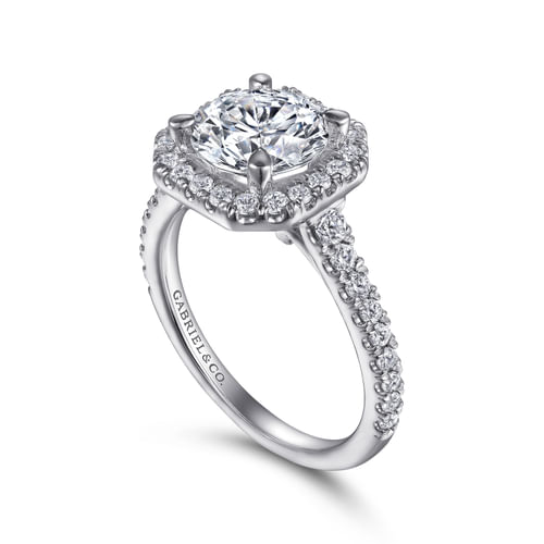 14K White Gold Cushion Halo Round Diamond Engagement Ring
