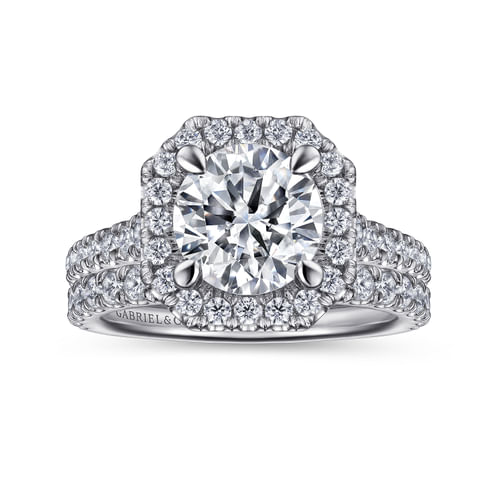 14K White Gold Cushion Halo Round Diamond Engagement Ring