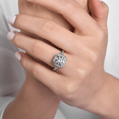 14K White Gold Cushion Halo Round Diamond Engagement Ring