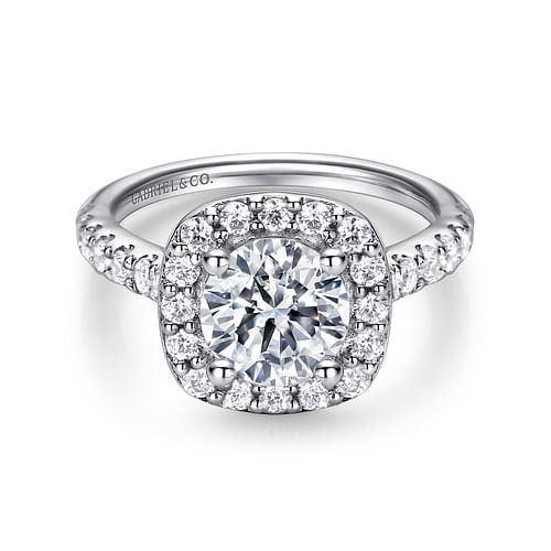 14K White Gold Cushion Halo Round Diamond Engagement Ring