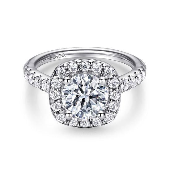 Gabriel - 14K White Gold Cushion Halo Round Diamond Engagement Ring