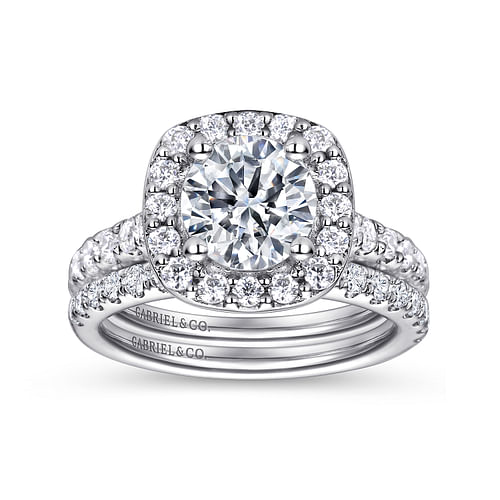 14K White Gold Cushion Halo Round Diamond Engagement Ring