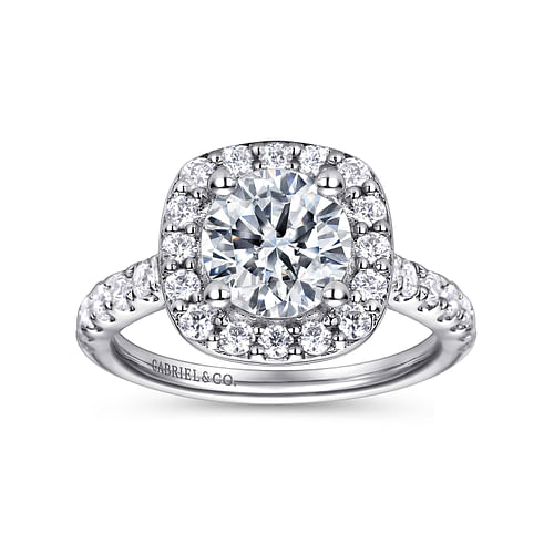 14K White Gold Cushion Halo Round Diamond Engagement Ring