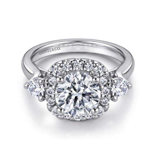 14K White Gold Cushion Halo Round Diamond Engagement Ring