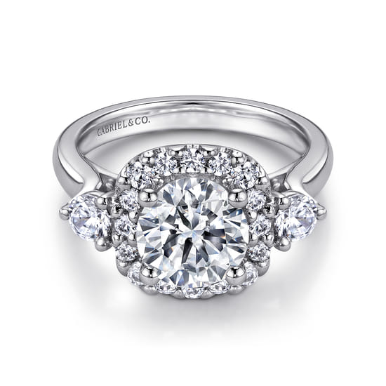 Gabriel - 14K White Gold Cushion Halo Round Diamond Engagement Ring