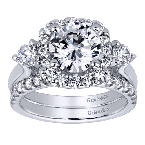 14K White Gold Cushion Halo Round Diamond Engagement Ring