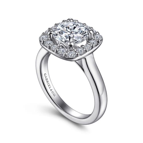 14K White Gold Cushion Halo Round Diamond Engagement Ring