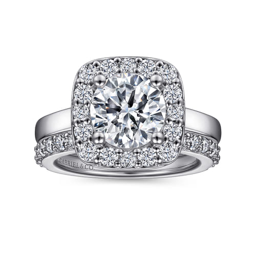 14K White Gold Cushion Halo Round Diamond Engagement Ring