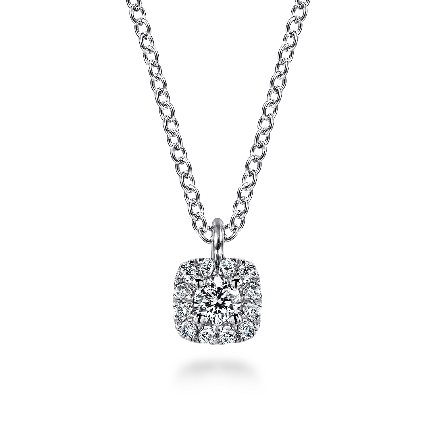 Gabriel - 14K White Gold Cushion Halo Round Diamond Pendant Necklace