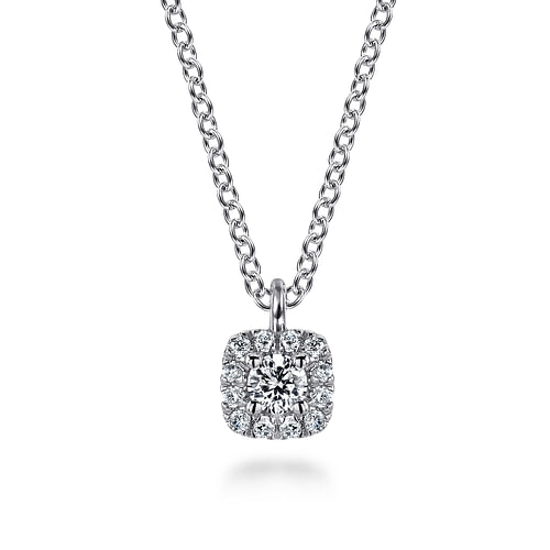 14K White Gold Cushion Halo Round Diamond Pendant Necklace