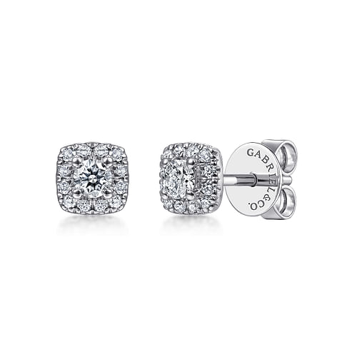 14K White Gold Cushion Halo Round Diamond Stud Earrings