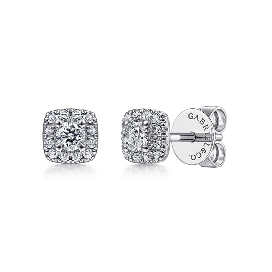 Gabriel - 14K White Gold Cushion Halo Round Diamond Stud Earrings