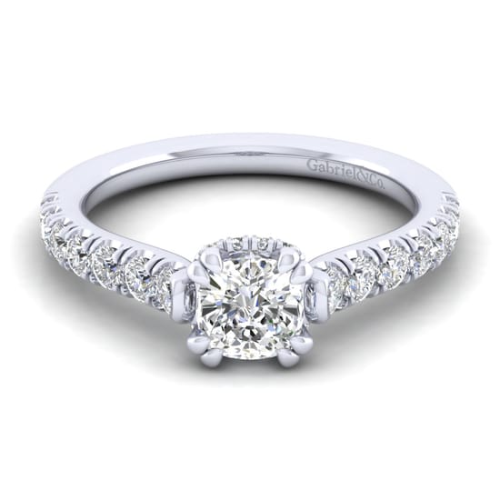 Gabriel - 14K White Gold Cushion Hidden Halo Diamond Engagement Ring