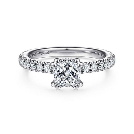 Gabriel - 14K White Gold Cushion Hidden Halo Diamond Engagement Ring