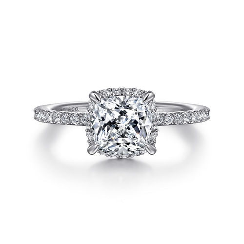 14K White Gold Cushion Hidden Halo Diamond Engagement Ring