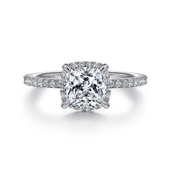 Gabriel - 14K White Gold Cushion Hidden Halo Diamond Engagement Ring