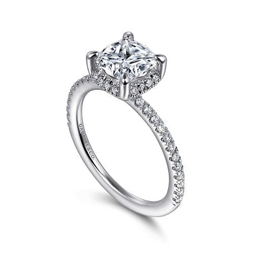14K White Gold Cushion Hidden Halo Diamond Engagement Ring