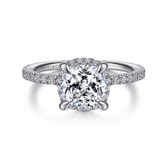 Gabriel - 14K White Gold Cushion Hidden Halo Diamond Engagement Ring