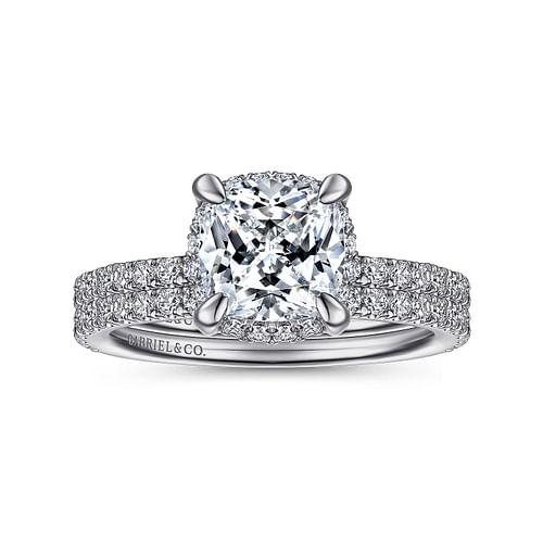 14K White Gold Cushion Hidden Halo Diamond Engagement Ring