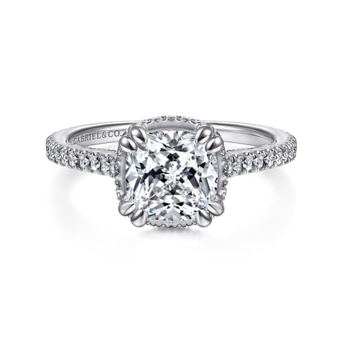 14K White Gold Cushion Hidden Halo Diamond Engagement Ring
