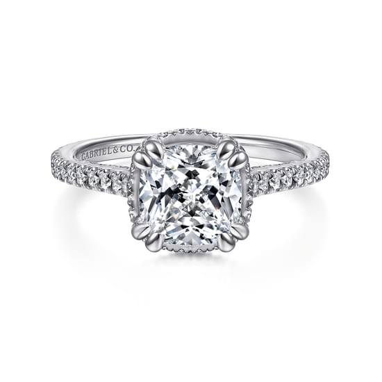 Gabriel - 14K White Gold Cushion Hidden Halo Diamond Engagement Ring
