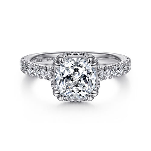 14K White Gold Cushion Hidden Halo Diamond Engagement Ring