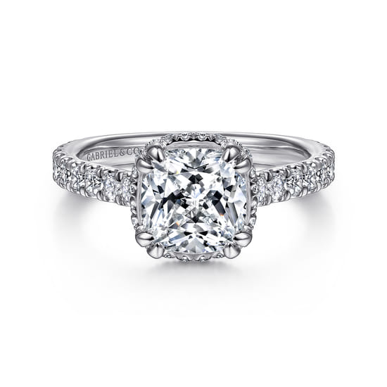 Gabriel - 14K White Gold Cushion Hidden Halo Diamond Engagement Ring