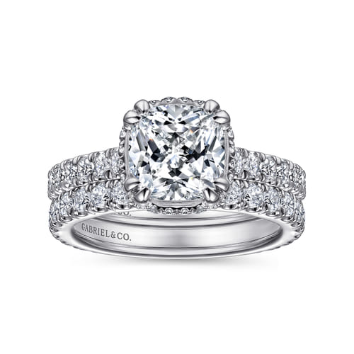 14K White Gold Cushion Hidden Halo Diamond Engagement Ring