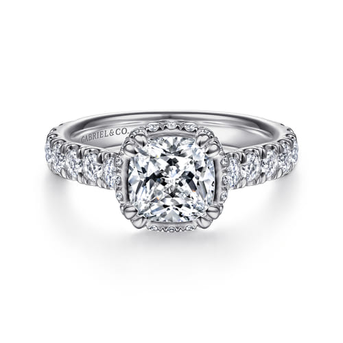 14K White Gold Cushion Hidden Halo Diamond Engagement Ring
