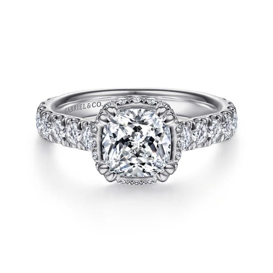 Gabriel - 14K White Gold Cushion Hidden Halo Diamond Engagement Ring
