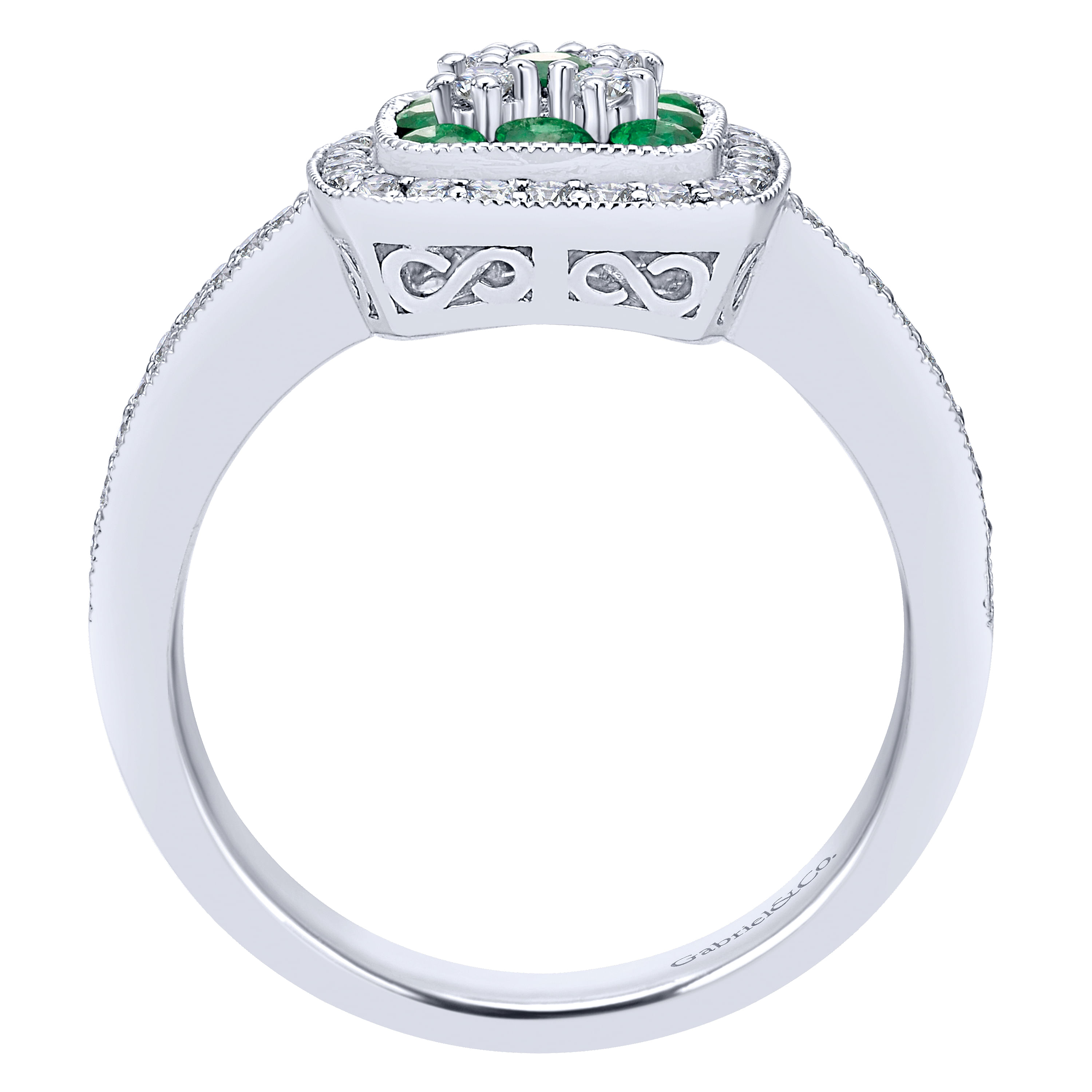 14K White Gold Cushion Shape Cluster Ring with Emerald and Diamond
