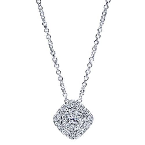 14K White Gold Cushion Shape Diamond Pavé Pendant Necklace